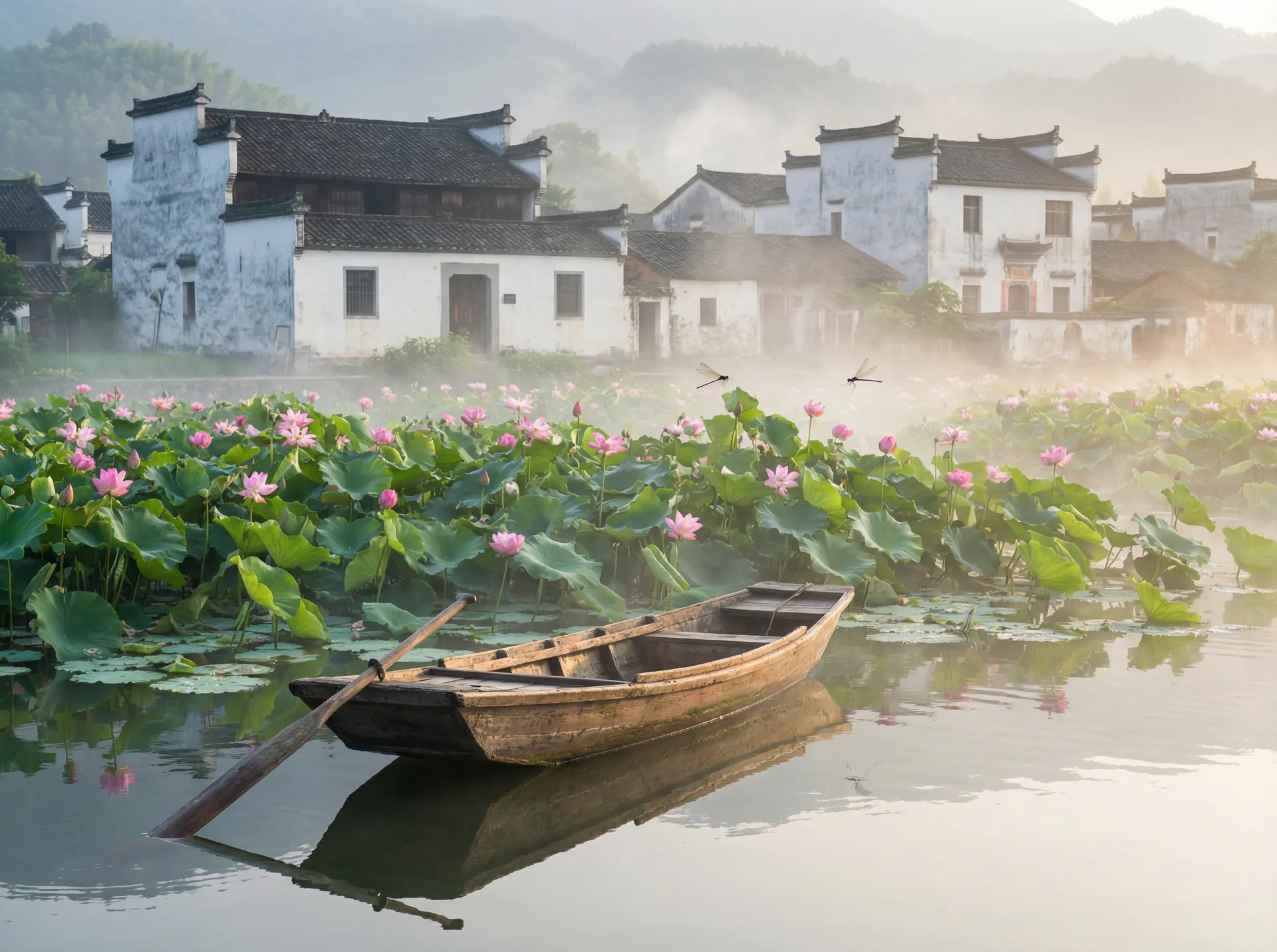 清晨荷塘小舟，粉色荷花盛开，白墙黑瓦的村庄 - 蔡李佛拳演员表 水乡风情
